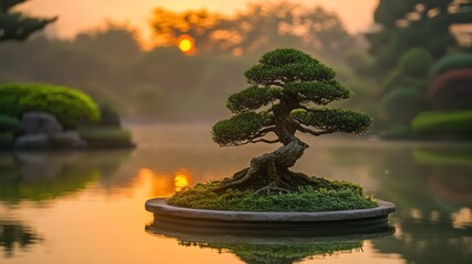 Obraz premium Serene bonsai tree reflected in tranquil water at sunset.