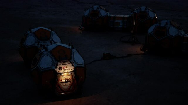 An illuminated Martian colony base showcases futuristic living pods and research equipment under the dark sky, highlighting human exploration efforts and habitation on Mars.