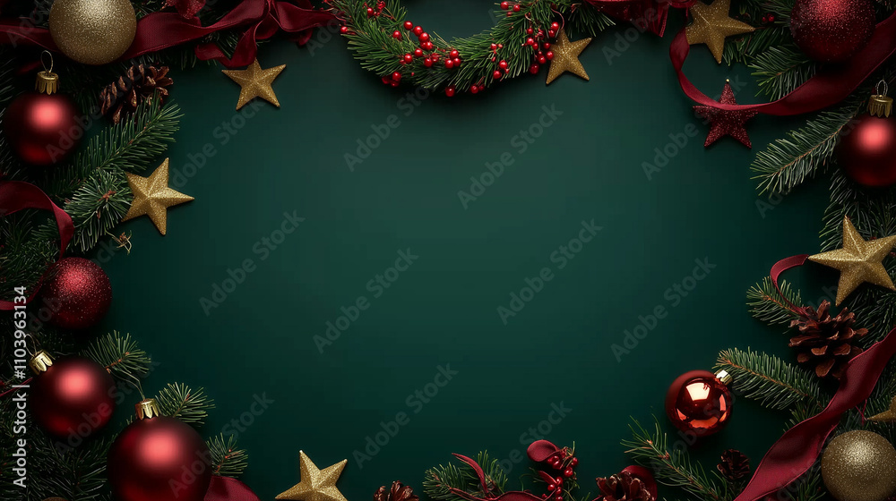 Poster elegant christmas background with a deep emerald green color palette, adorned with festive red and g