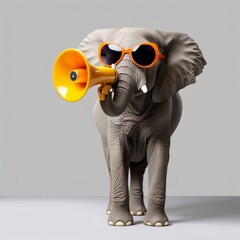 Cool elephant hipster in sunglasses holding megaphone. Marketing, sale, discount concept