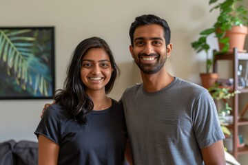 Fototapeta premium Portrait of a smiling indian couple in their 20s wearing a moisture-wicking running shirt on crisp minimalistic living room