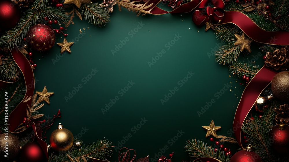 Poster elegant christmas background with a deep emerald green color palette, adorned with festive red and g
