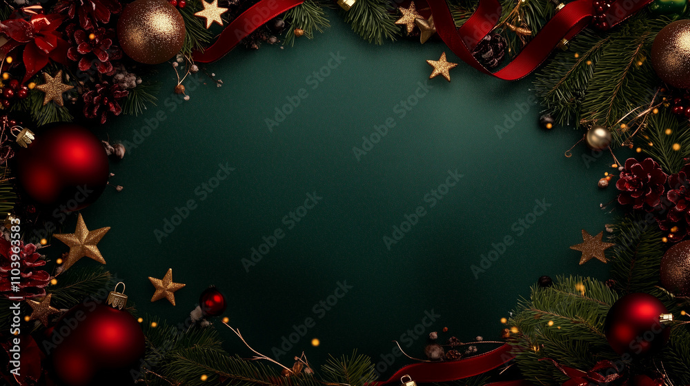 Poster elegant christmas background with a deep emerald green color palette, adorned with festive red and g