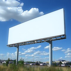 A white billboard in a parking lot with cars parked in rows and a shopping mall in the distance