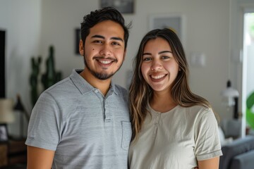 Obraz premium Portrait of a cheerful latino couple in their 20s wearing a breathable golf polo isolated on crisp minimalistic living room