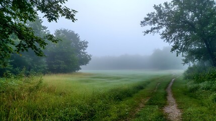 Obraz premium Misty Morning Path Through Green Field and Trees