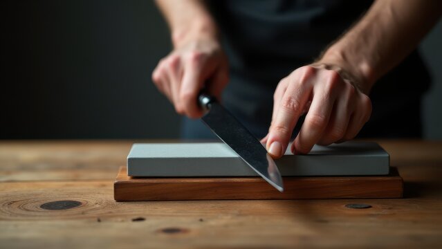 Sharpening stone for kitchen knives. A person sharpens a kitchen knife on a whetstone placed on a wooden table, demonstrating precision and care in knife maintenance.