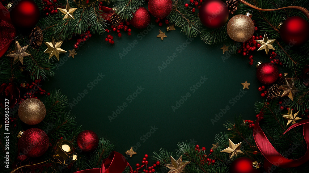 Poster elegant christmas background with a deep emerald green color palette, adorned with festive red and g