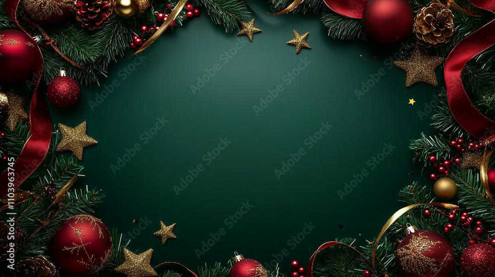 Poster elegant christmas background with a deep emerald green color palette, adorned with festive red and g