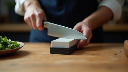 Sharpening stone for kitchen knives. A hand expertly sharpens a chef's knife on a whetstone atop a wooden table, ensuring the blade is keen and ready for use.