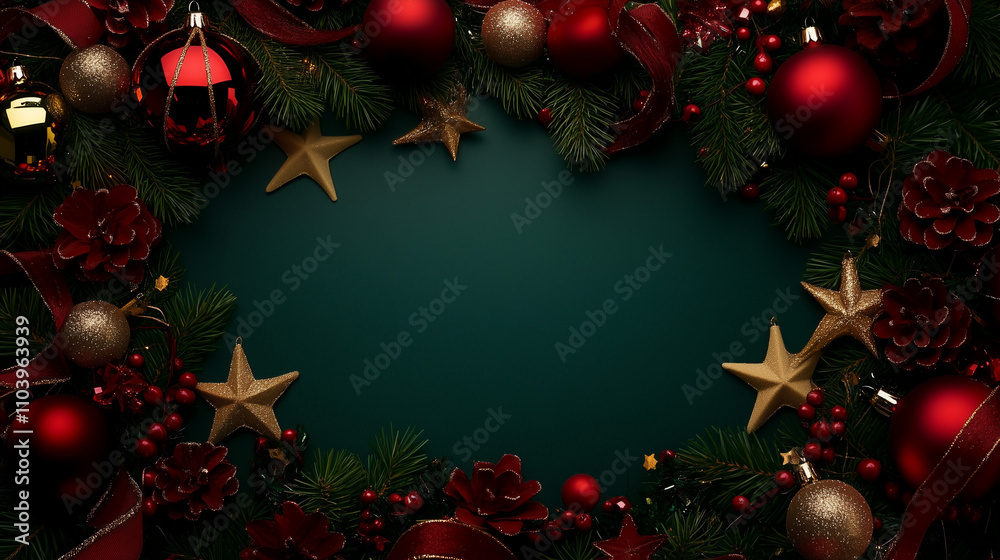 Poster elegant christmas background with a deep emerald green color palette, adorned with festive red and g