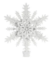 Beautiful white Christmas tree top ornament shaped as star snowflake isolated on white background. Lovely New Year holiday ornaments 