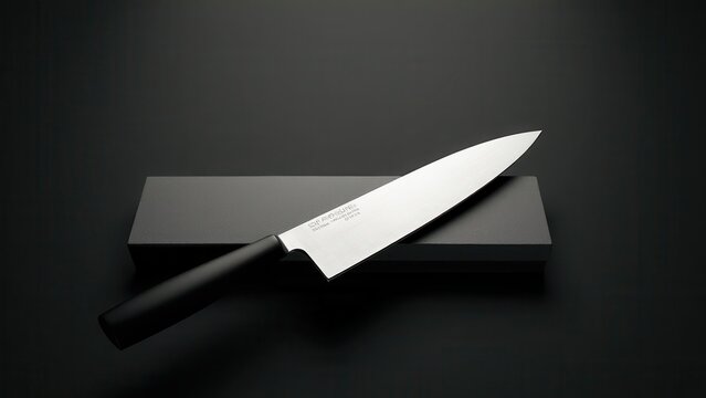 Sharpening stone for kitchen knives. A sleek chef's knife rests atop a sharpening stone, set against a dark background, highlighting its sharpness and precision.