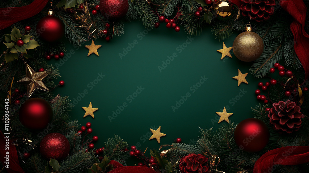 Poster elegant christmas background with a deep emerald green color palette, adorned with festive red and g