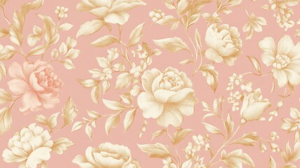 Vintage Floral Pattern with Pink Background and Gold Flowers