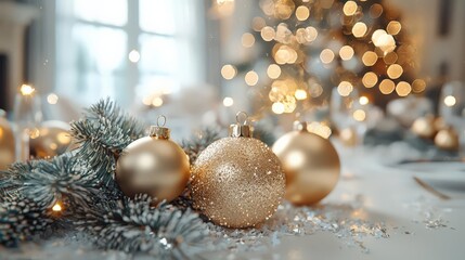 Elegant gold Christmas ornaments on table