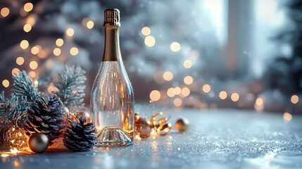 Festive champagne bottle with winter decor