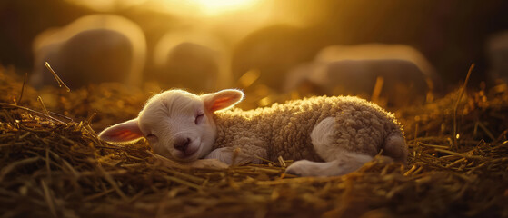 high resolution close up of newborn lamb sleeping peacefully on straw, surrounded by warm golden light. serene atmosphere evokes feelings of tranquility and innocence