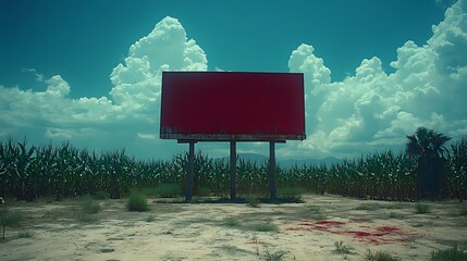 A white billboard in the middle of a farm, surrounded by fields of corn and a red barn