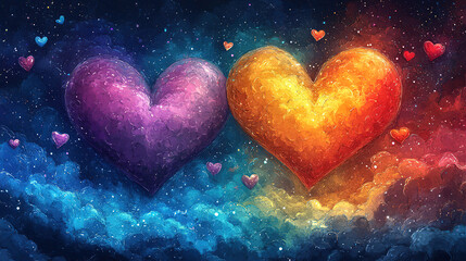 Colorful hearts float in a dreamy cosmic landscape filled with vibrant colors and whimsical shapes. Generative AI