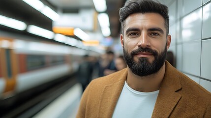 A white billboard on a busy train platform with passengers waiting and trains passing