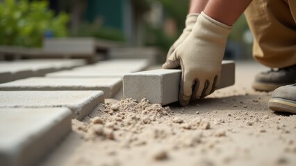 Rubber mallet for laying pavers. A person wearing gloves positions paving stones on a sandy surface, focusing on precision in an outdoor construction setting.
