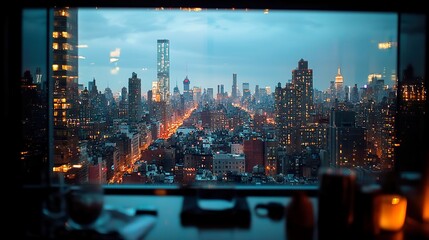 Nighttime Cityscape, a sweeping view of illuminated skyscrapers reflecting vibrant lights, framed by a modern window, capturing the essence of urban life after dark.