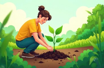 young woman planting sapling in rich brown soil, surrounded by lush greenery, cartoon illustration. ecological concept: gardening, plants growth and nature's harmony, environmental conservation