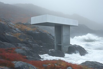 A white billboard on a rugged coastline with waves crashing against the rocks below