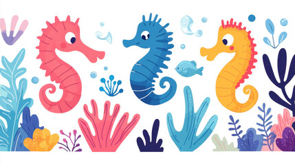 Reef Exploration and Underwater Photography. Three colorful seahorses swim amidst vibrant coral and plants in a whimsical underwater scene.