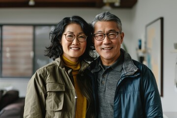 Fototapeta premium Portrait of a happy asian couple in their 40s wearing a trendy bomber jacket isolated on crisp minimalistic living room