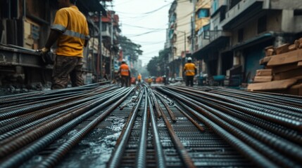 Construction site with workers and steel reinforcement bars.