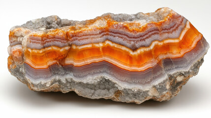Fototapeta premium Beautiful light blue complex agate structure with bright spots showcasing vibrant orange and gray bands. This natural stone exhibits unique patterns and textures, perfect for decorative purposes