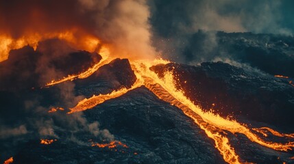 A close-up view of flowing lava from a volcanic eruption amidst smoke and ash.