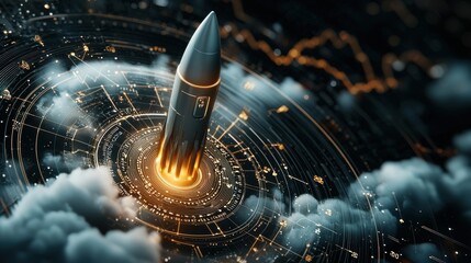 Rocket launch event cryptocurrency sector digital art futuristic environment aerial view innovation and technology in crypto