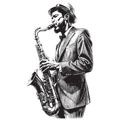 Naklejka premium man playing saxophone sketch hand dawn drawing vector illustration