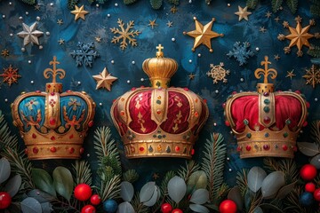 Fototapeta premium Luxurious crowns adorned with festive ornaments, berries, and glittering stars, set against a winter-themed backdrop for seasonal celebrations.