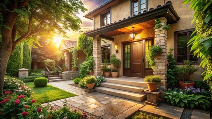 Vintage Style Photography of a Serene Real Estate Property Exterior Captured in Warm Sunlight with Natural Earthy Tones Highlighting Tranquil Living Spaces