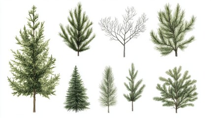Collection of Evergreen Trees - Watercolor Illustration