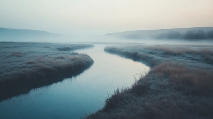 Fototapeta premium Serene Dawn over a Misty River, Capturing the Tranquility of Early Morning in Nature with Soft Light, Fog, and Reflections in Still Waters