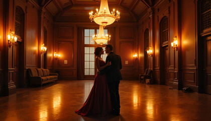 Naklejka premium Couple dancing elegantly in a luxurious hall with chandeliers and warm lighting