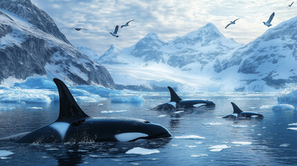 Fototapeta premium Aolphins are swmming in a snow hill water at a beautiful location.