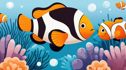 Fototapeta premium Reef Exploration and Underwater Photography. A vibrant underwater scene featuring clownfish swimming among colorful corals and bubbles in a bright blue ocean.