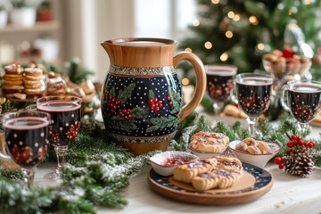 Naklejka premium Festive table with mugs, glasses, plates of Christmas treats, mulled wine jug, glitter accents, spruce garlands, and wreaths, red, black, navy, and green colors.