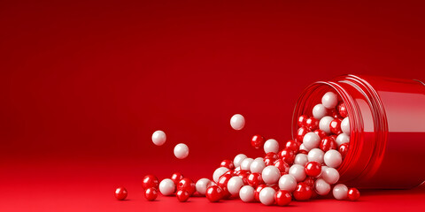 Red and White Balls from Container, Modern Home Display, Vibrant Red Background, Red Aesthetic, Bright Room Accent