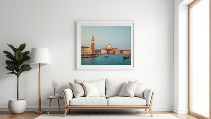 Fototapeta premium Family photo frame for living room gallery walls. Bright living room with cozy white sofa, wooden coffee table, lush plant, and a framed Venice canal photo above. Elegant decor.