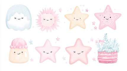 Whimsical Starry Sketches, a vibrant collection of watercolor illustrations featuring playful star characters, blending charm and creativity in every delightful design.