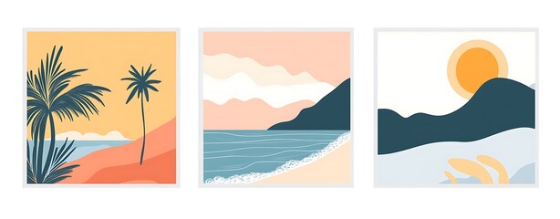 "Set of 5 Minimalist Beach and Sea Vector Banners with Palm Trees and Pastel Colors in Flat Design"