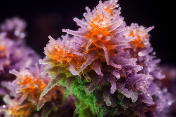 A close-up, highly detailed view of trichomes on the top cola of a Runtz cannabis plant