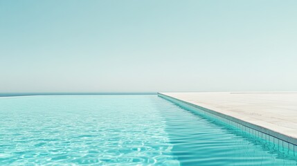 Obraz premium Tranquil turquoise water of infinity pool seamlessly blending with vast ocean horizon under a serene, clear sky, creating a luxurious and relaxing summer atmosphere